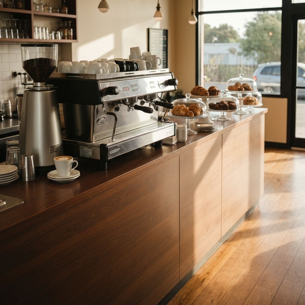 Lakeside Espresso café counter with espresso machine and freshly prepared coffee