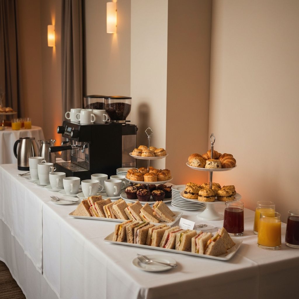 An elegant catering spread with coffee station and pastries for an event