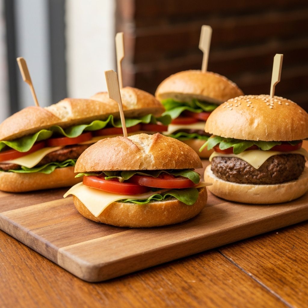Freshly made gourmet sandwiches and a burger on a wooden board