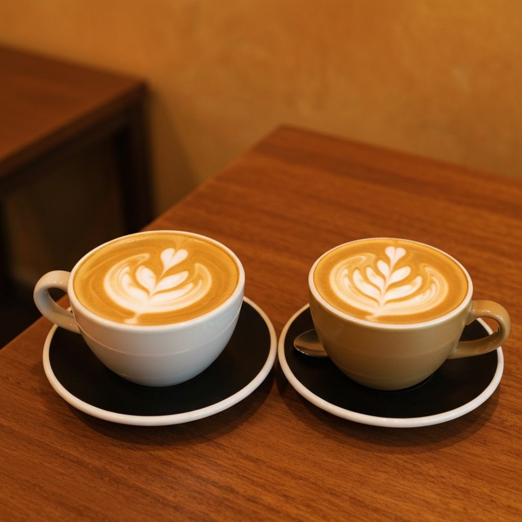 Two specialty coffee drinks with latte art in a café setting